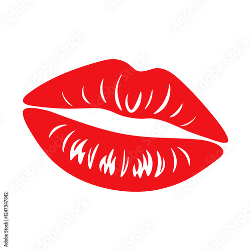 Red lips print isolated on white background. Lips logo. Lipstick print in cartoon style. Kiss. Vector illustration.