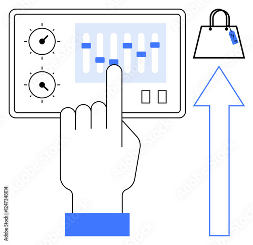 Hand adjusting controls on a digital interface with sliders and dials. Shopping bag with price tag and upward arrow suggesting shopping, growth, success, or trend. Ideal for ecommerce, retail