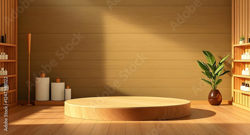 Wooden floor podium stage. Round wood platform, board display for cosmetic products presentation or exhibition. Realistic 3d vector studio interior with circular stand for eco rustic goods showcase photo