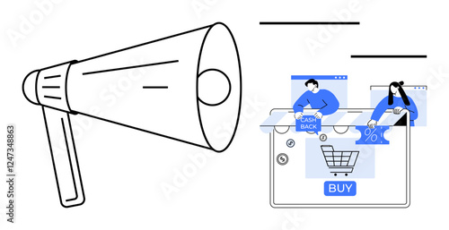 Megaphone amplifying e-commerce activities such as cashback and discounts on gadgets. Ideal for promotions, online shopping, digital marketing, sales strategies, advertising, e-commerce insights