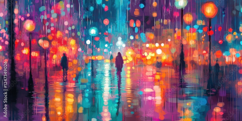 Obraz premium Impressionistic street scene depicts figures walking in a rainy night