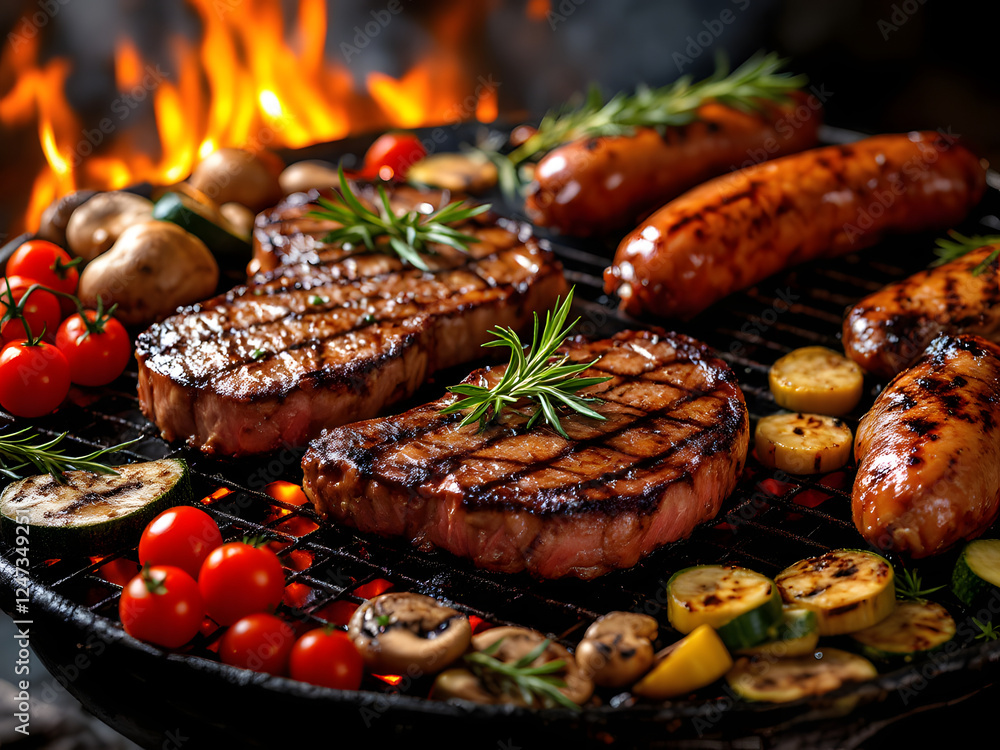 Sizzling steaks and sausages grilling on a barbecue with golden potatoes, surrounded by smoke. Sizzling steaks and sausages grilling on a barbecue with golden potatoes, surrounded by smoke.