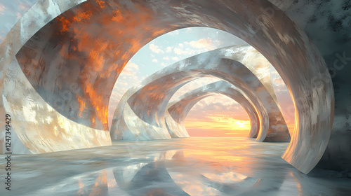 Fototapeta Naklejka Na Ścianę i Meble -  Abstract 3d rendering of a futuristic tunnel with a glowing sky in the distance. Mind-Bending Perspectives. Illustration