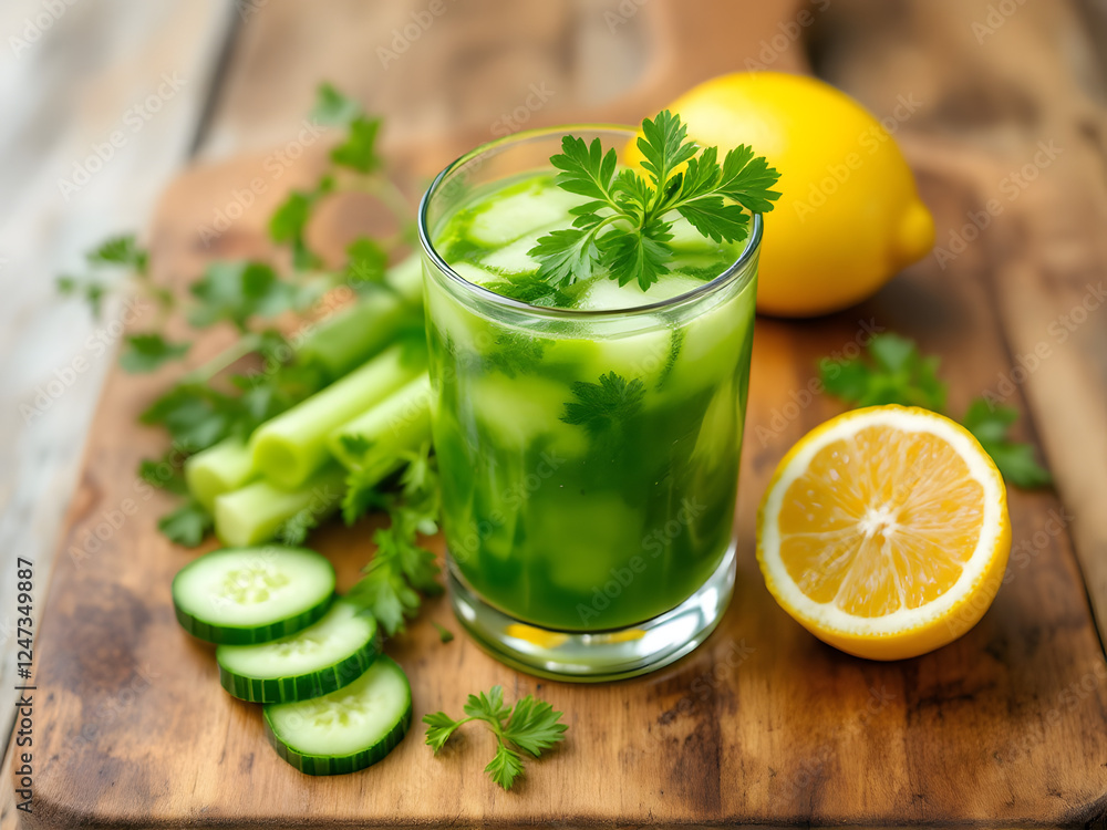 Image features a glass of green juice on a wooden board with fresh ingredients like celery and lemon. Image features a glass of green juice on a wooden board with fresh ingredients like celery and lemon.