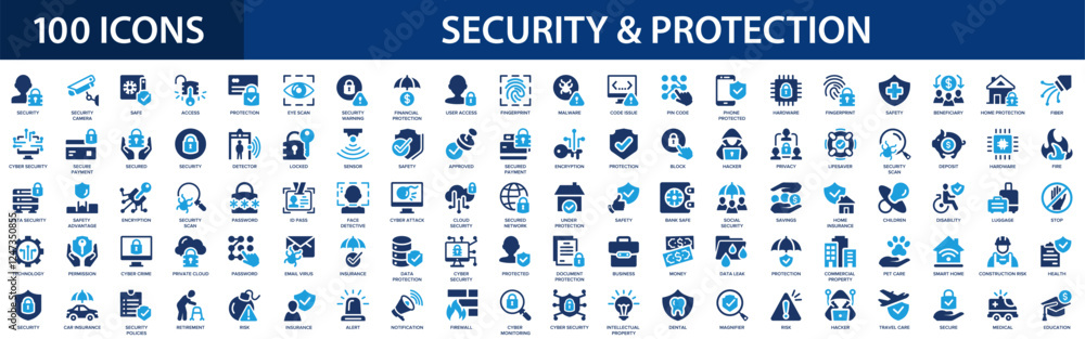 Security and protection icon set. Safety, cybersecurity, security shield, insurance, data protection, detector. Security and protection icon set. Safety, cybersecurity, security shield, insurance, data protection, detector.