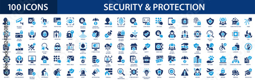 Security and protection icon set. Safety, cybersecurity, security shield, insurance, data protection, detector.