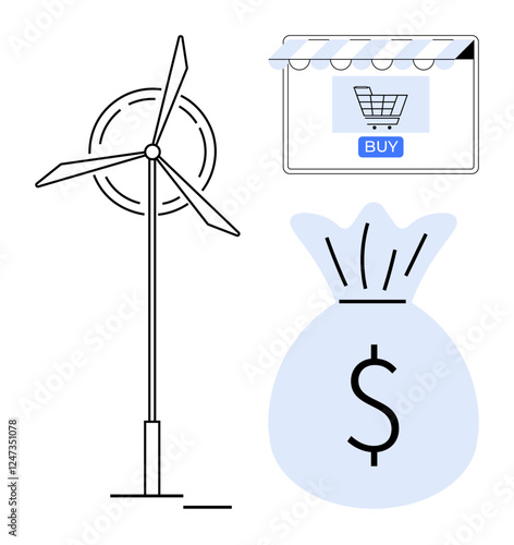 Wind turbine for renewable energy, online shopping cart window with BUY button, and a money bag. Ideal for e-commerce, online shopping, renewable energy, financial growth, sustainable economy, modern