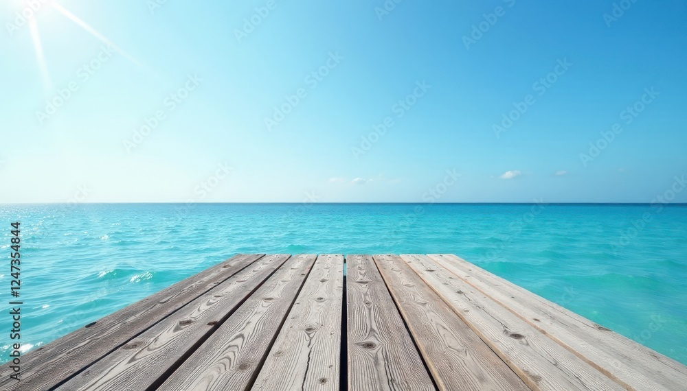 Fototapeta premium Gray weathered wood pier deck extends over calm blue sea, sunny sky , sun, vacation, landscape