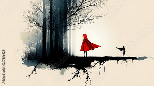 A woman in a red cape is walking through a forest. generated using AI