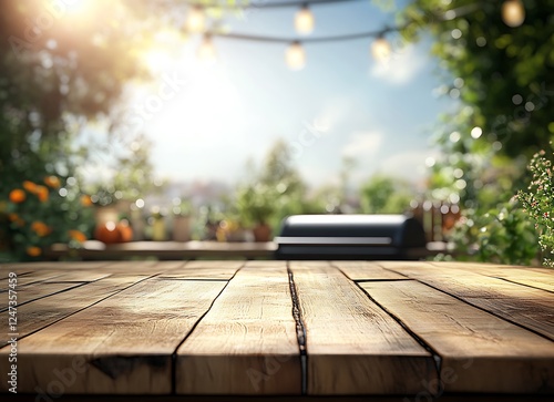 Empty wooden table top with a blurred background of a garden party or barbecue in the spring and 