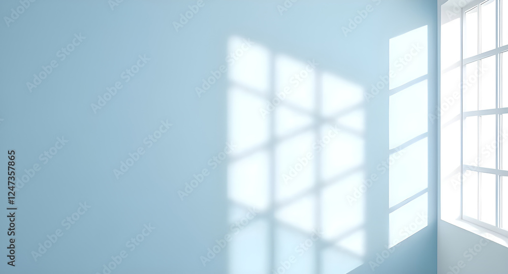 Minimalistic simple abstract light blue background for product presentation. Shadow and light from windows on wall. Minimalistic simple abstract light blue background for product presentation. Shadow and light from windows on wall.