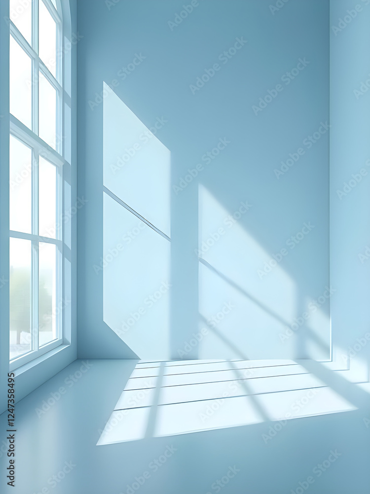 Obraz premium Minimalistic simple abstract light blue background for product presentation. Shadow and light from windows on wall.