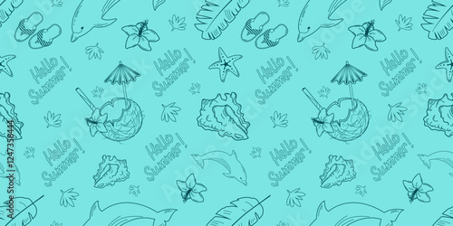 Summer seamless pattern. Dolphin, tropical leaves, flowers, shells, beach slippers, starfish. Ornament sketch.