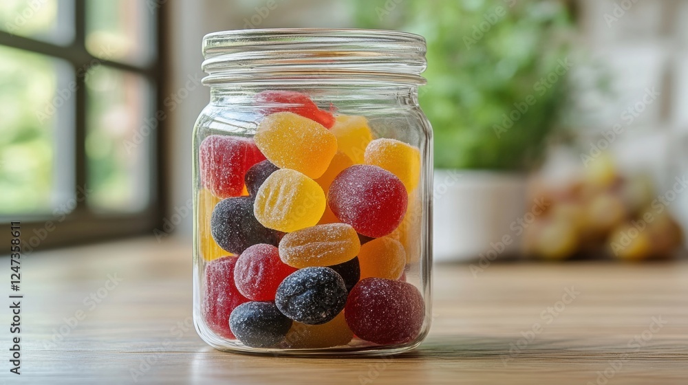 Colorful Gummy Candies in Jar on Wooden Table with Green Background Colorful Gummy Candies in Jar on Wooden Table with Green Background