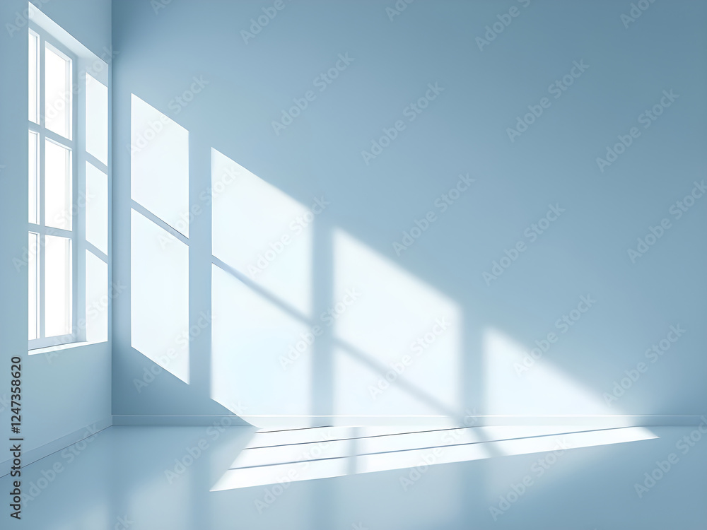 Fototapeta premium Minimalistic simple abstract light blue background for product presentation. Shadow and light from windows on wall.
