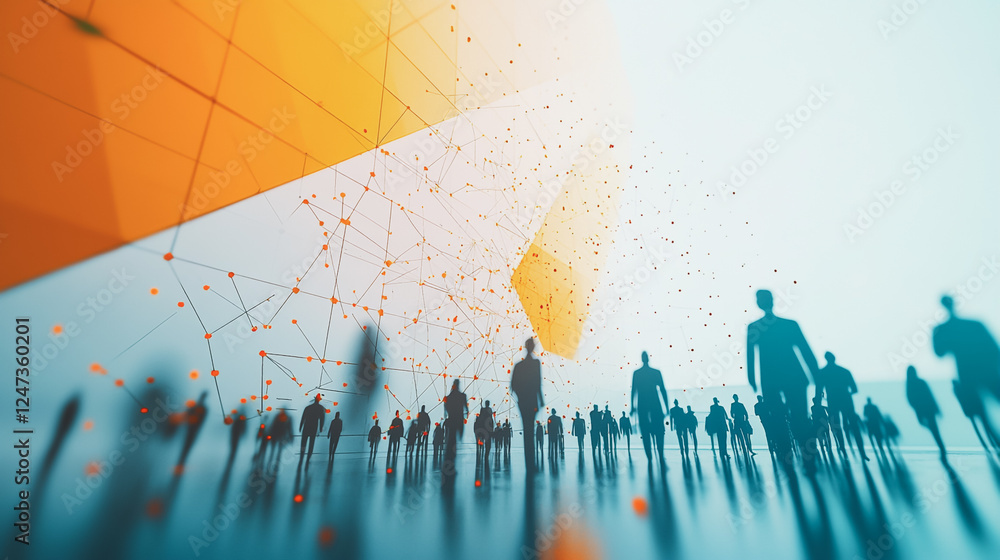 Obraz premium Group of business people silhouettes in modern office building and business network concept. Human resources with pastel innovation charts and graphs with statistics to analyze business