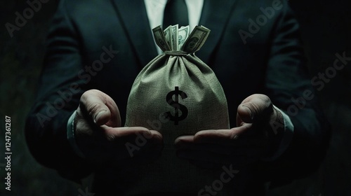 Man in Suit Holding a Money Bag with Both Hands, Symbol of Wealth and Success