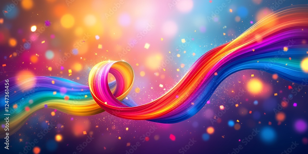 Obraz premium Colorful and Vibrant Abstract Rainbow Waves Representing Celebration with Soft Bokeh Backgrounds for the Pride Month Celebration.A Tapestry of Colors, Waves and Light. Vibrant colors swirl in a