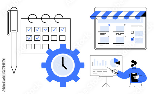 Pen, calendar with check marks, clock, web page under awning, man pointing to charts during presentation. Ideal for productivity, scheduling, planning, business efficiency management organization