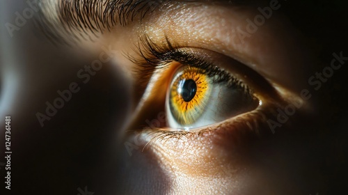 A mesmerizing close-up of a human eye, capturing the intricate details of the iris and pupil, conveying deep emotions and the artistry of human vision. photo