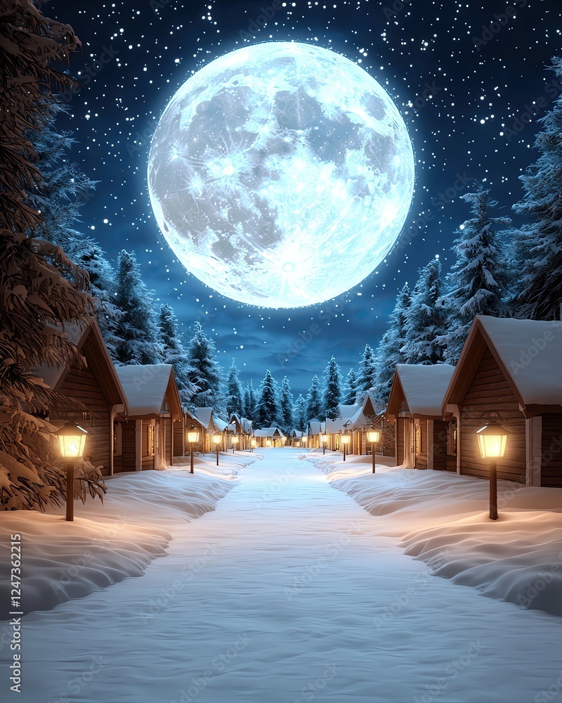 Obraz premium bathed in seasonal moonlight by Serene winter night with glowing moon and cabins.