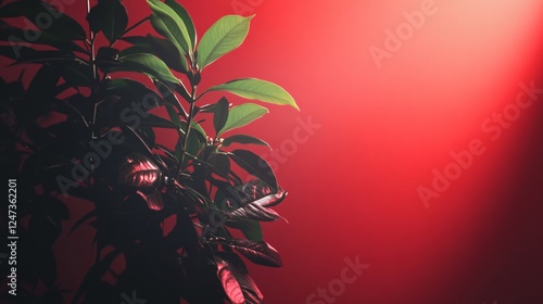 A creative portrayal of plant leaves casting shadows against a striking red backdrop, embodying the interplay of light and dark in a bold artistic expression. photo