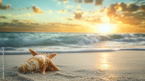 This image depicts a seashell resting on the sand of a serene beach, illuminated by a warm sunset, establishing a tranquil connection between sea and land. photo