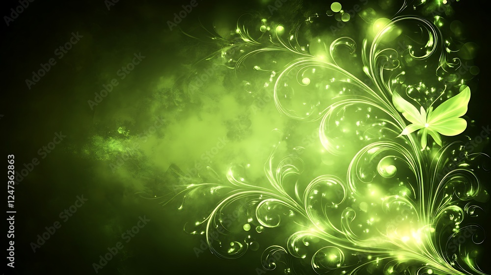 Glowing Green Floral Design With Butterfly Glowing Green Floral Design With Butterfly