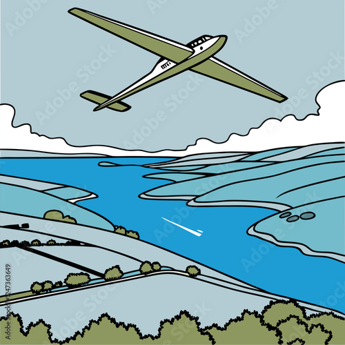 High-Resolution Glider over River Valley:  Blue & Green Vector Illustration.