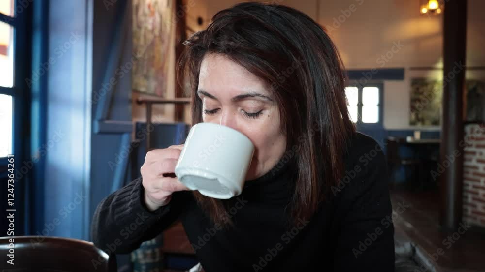 A contemplative woman sips coffee in a cozy cafe, illustrating a moment of relaxation and connection with her surroundings in an inviting atmosphere. A contemplative woman sips coffee in a cozy cafe, illustrating a moment of relaxation and connection with her surroundings in an inviting atmosphere.