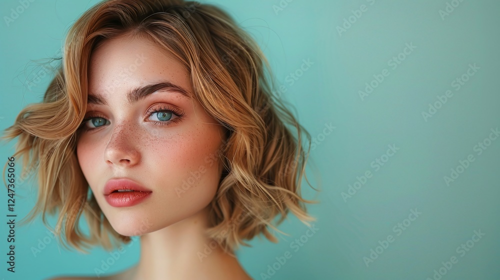 Fototapeta premium Blonde woman with wavy short hair, pastel blue background, glowing skin, stylish minimalism, serene portrait, soft lighting, elegant fashion, artistic photography, natural beauty