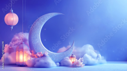 Beautiful Ramadan Kareem Scene with Crescent Moon and Lanterns, Soft Light Dreamy 3d Rendered Background, Perfect invitation for Islamic Ramadan & Eid Celebration 