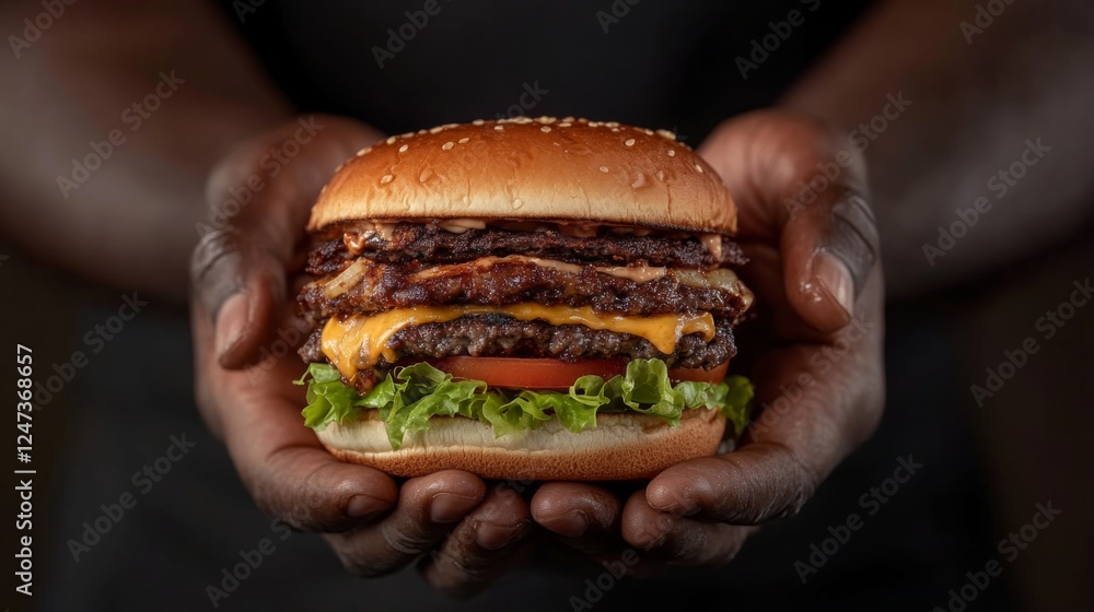 Close-up of hands holding a delicious cheeseburger featuring layers of melted cheese, crisp lettuce, and fresh tomato, with a bite taken out for appetizing appeal Close-up of hands holding a delicious cheeseburger featuring layers of melted cheese, crisp lettuce, and fresh tomato, with a bite taken out for appetizing appeal
