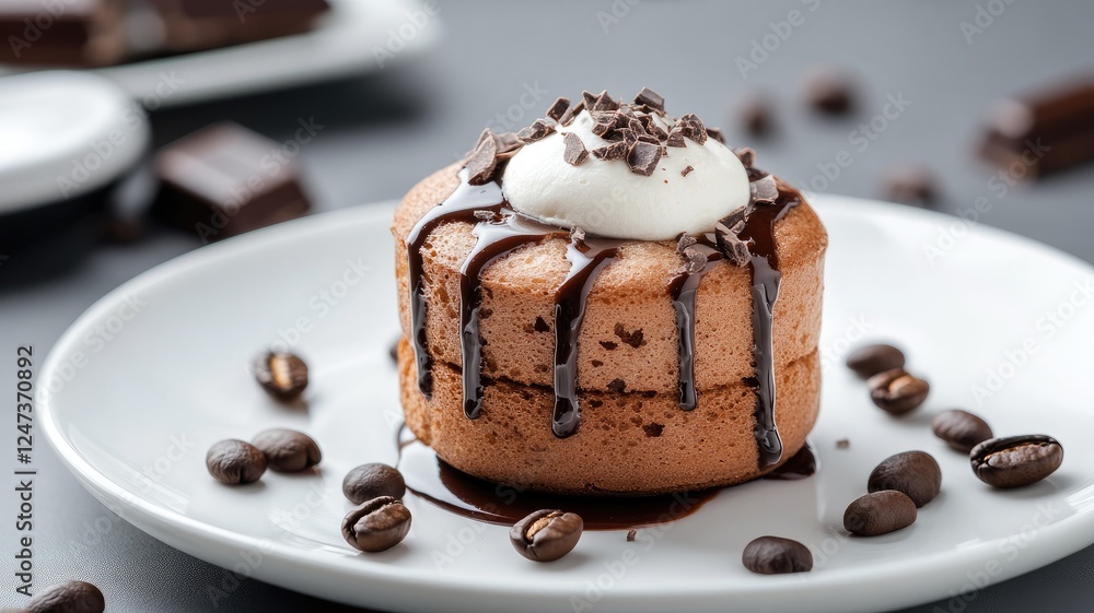 Chocolate dessert with whipped cream and coffee beans on white plate Chocolate dessert with whipped cream and coffee beans on white plate