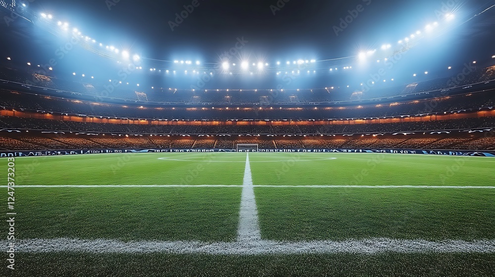 Fototapeta premium Nighttime view of a soccer stadium field and stands