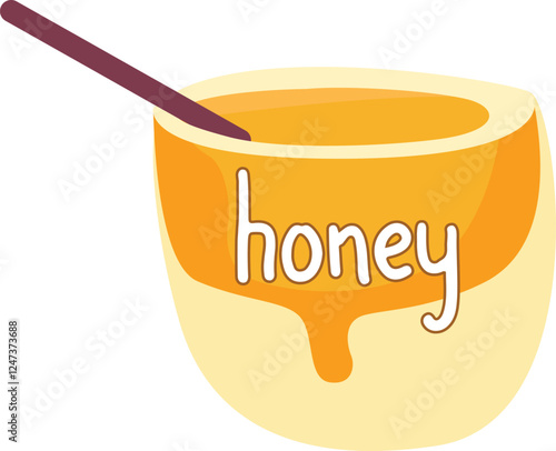 Honey pot with dripping honey and handwritten text, sweet food illustration for branding. Vector illustration