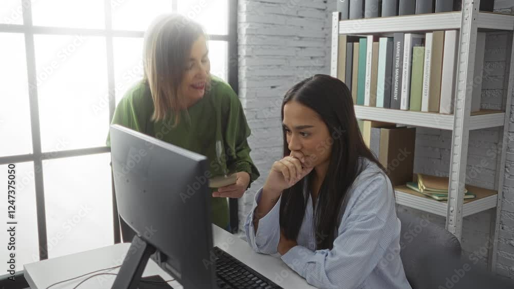 Woman discussing documents with female colleague at desk in modern office Woman discussing documents with female colleague at desk in modern office