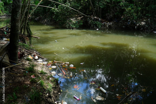 Eco crime, garbage that is thrown carelessly into the rivers. In the central city park of Manaus, the city administration no longer can manage the cleanup. Manaus, Amazonas, Brazil. photo