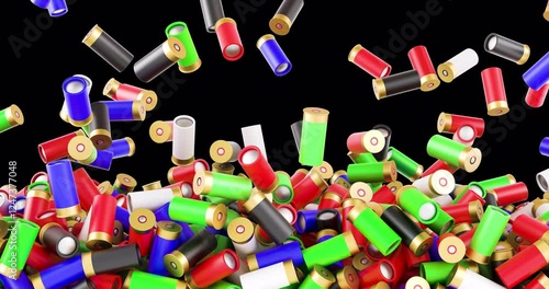 Colored shotgun shells falling and fill the screen. 3D animation on transparent background