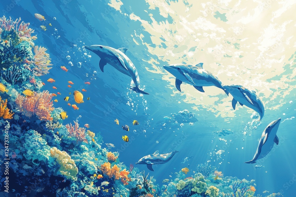 Fototapeta premium Dolphins swim gracefully amongst vibrant coral reef in ocean