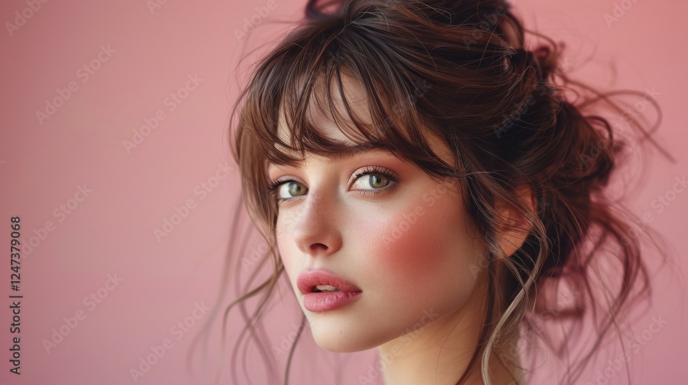 Close-up portrait of young woman with loose bangs, brunette hair, glowing skin, soft lighting, pink background, natural beauty, elegant and modern hairstyle, casual and radiant

