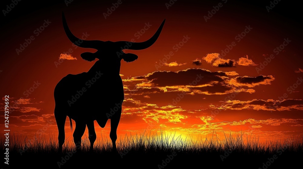 Silhouette of a Strong Bull Against a Vibrant Sunset Sky in an Open Field Silhouette of a Strong Bull Against a Vibrant Sunset Sky in an Open Field
