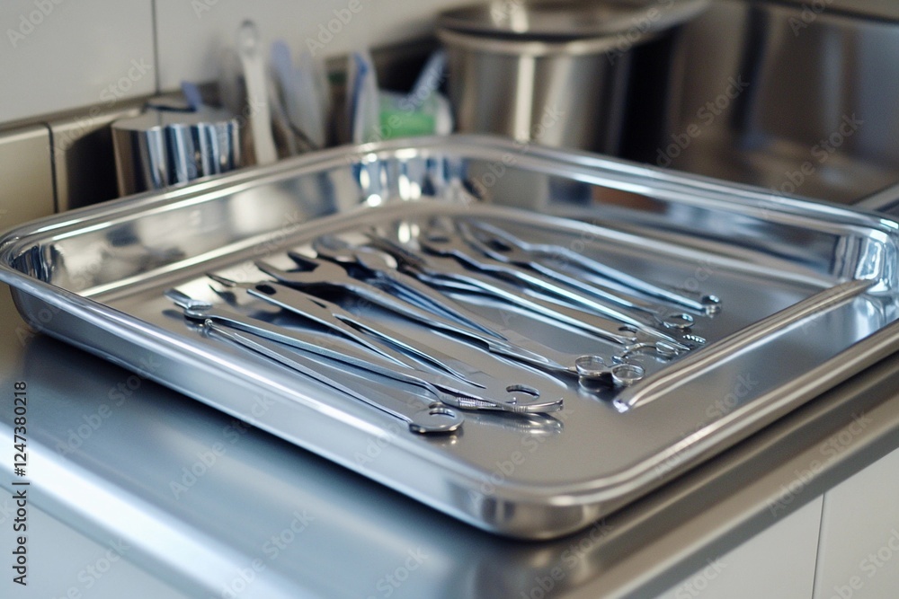 A neatly organized set of veterinary instruments placed on a table, ready for use in medical procedure A neatly organized set of veterinary instruments placed on a table, ready for use in medical procedure