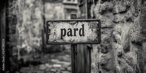 Close-up of a weathered, vintage street sign with the word 