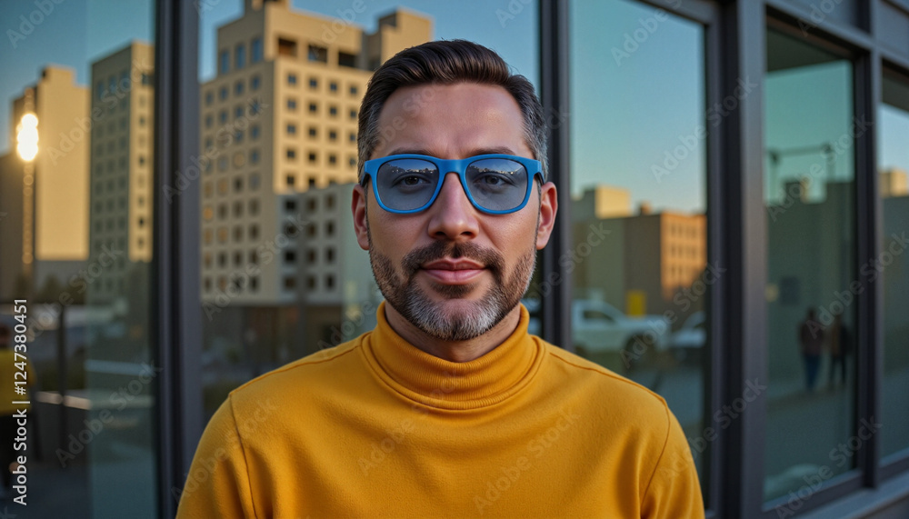 Charismatic man in yellow turtleneck and blue glasses against cityscape at golden hour Charismatic man in yellow turtleneck and blue glasses against cityscape at golden hour