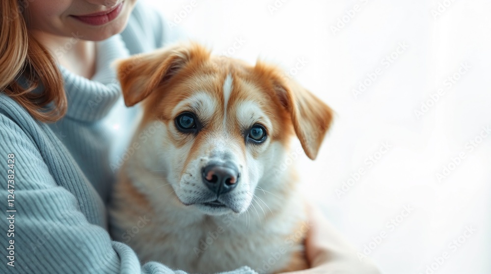 Gentle woman cuddling her fluffy dog during pet therapy session with soft lighting Gentle woman cuddling her fluffy dog during pet therapy session with soft lighting