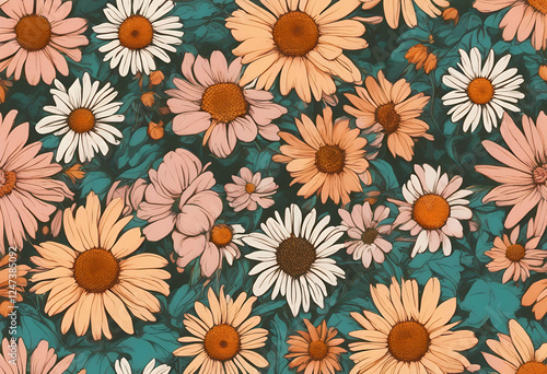 Wallpaper Mural design color pattern flowers backdrop vintage artwork nature flower daisy pastel hippie floral y2k trendy style groovy background seamless colorful 70s texture transparent 60s abstract aesthetic art Torontodigital.ca