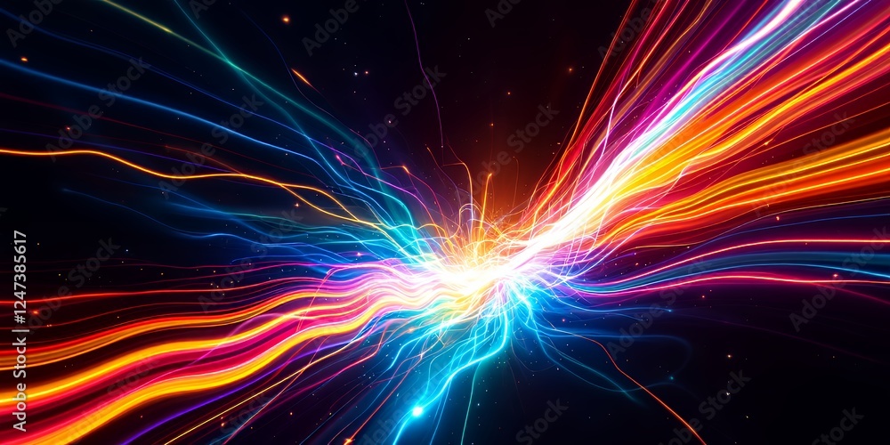 Fototapeta premium Vibrant Abstract Flow of Colorful Light Trails in Neon Hues Against a Dark Background