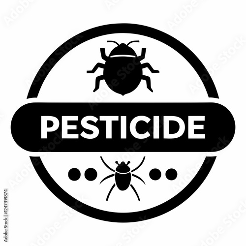 Circular pesticide emblem with prominent bug silhouettes. Bold text banner design with decorative elements. Concept of pest control, agricultural products, insecticide branding.