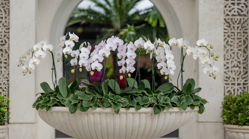 Fototapeta premium Orchids arranged in a stylish planter.
